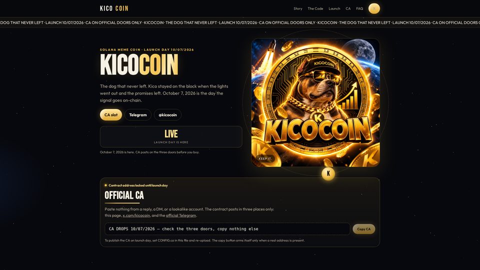 Screenshot of the KicoCoin homepage with the KicoCoin dog logo and headline