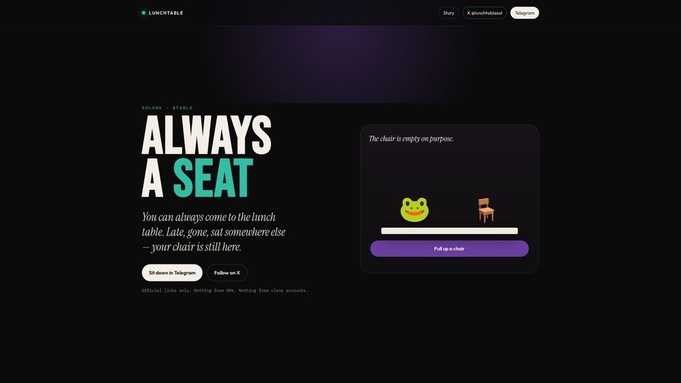 Screenshot of the LunchTable homepage with the headline “Always a seat” and an empty-chair illustration