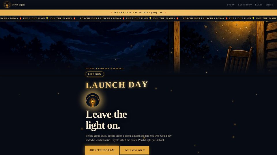 Screenshot of the Porch Light homepage: a lantern-lit porch at night, a Launch Day banner, and the headline “Leave the light on.”